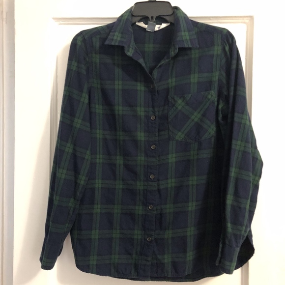 Navy Green Plaid Flannel Shirt 